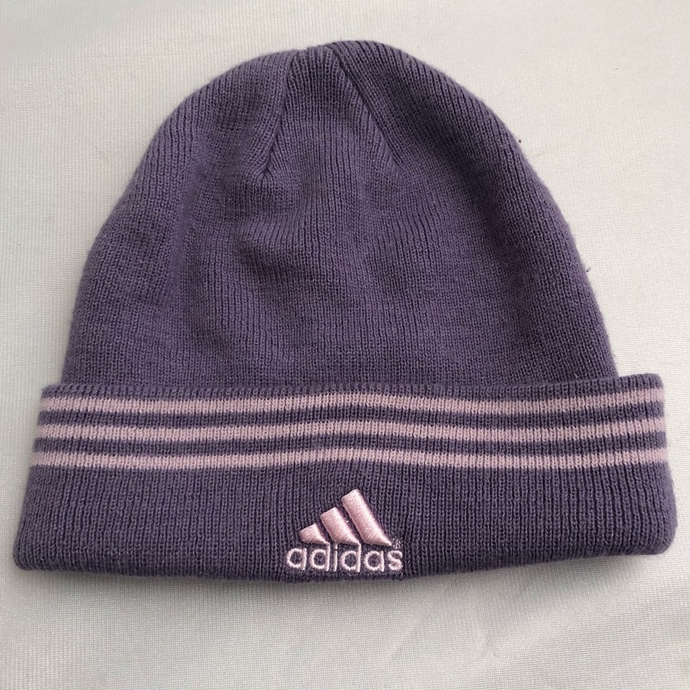 Adidas lilac solid and stripe knit beanie hat